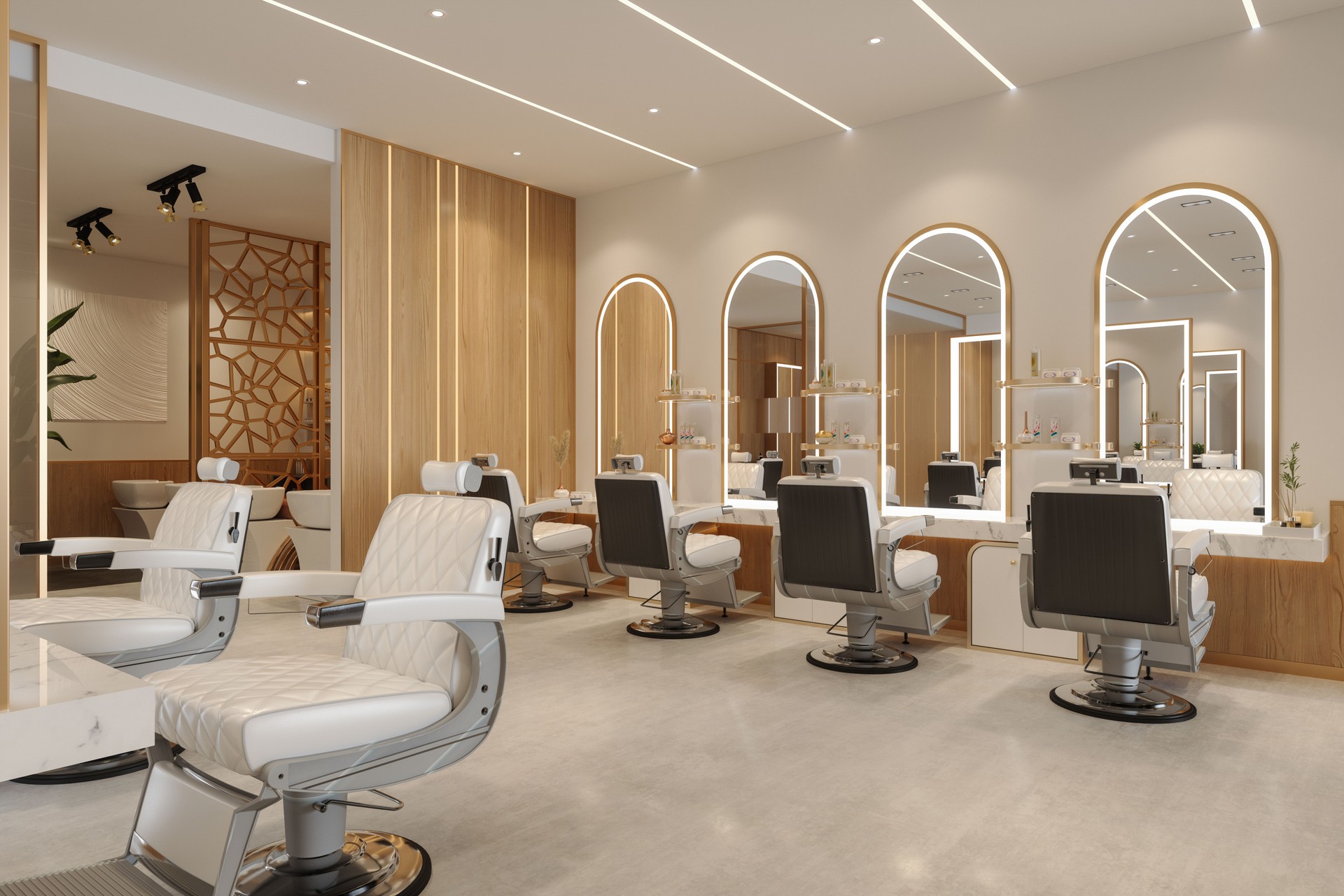 Luxury Hairdressing And Beauty Salon Interior With Chairs, Mirrors And Spotlights