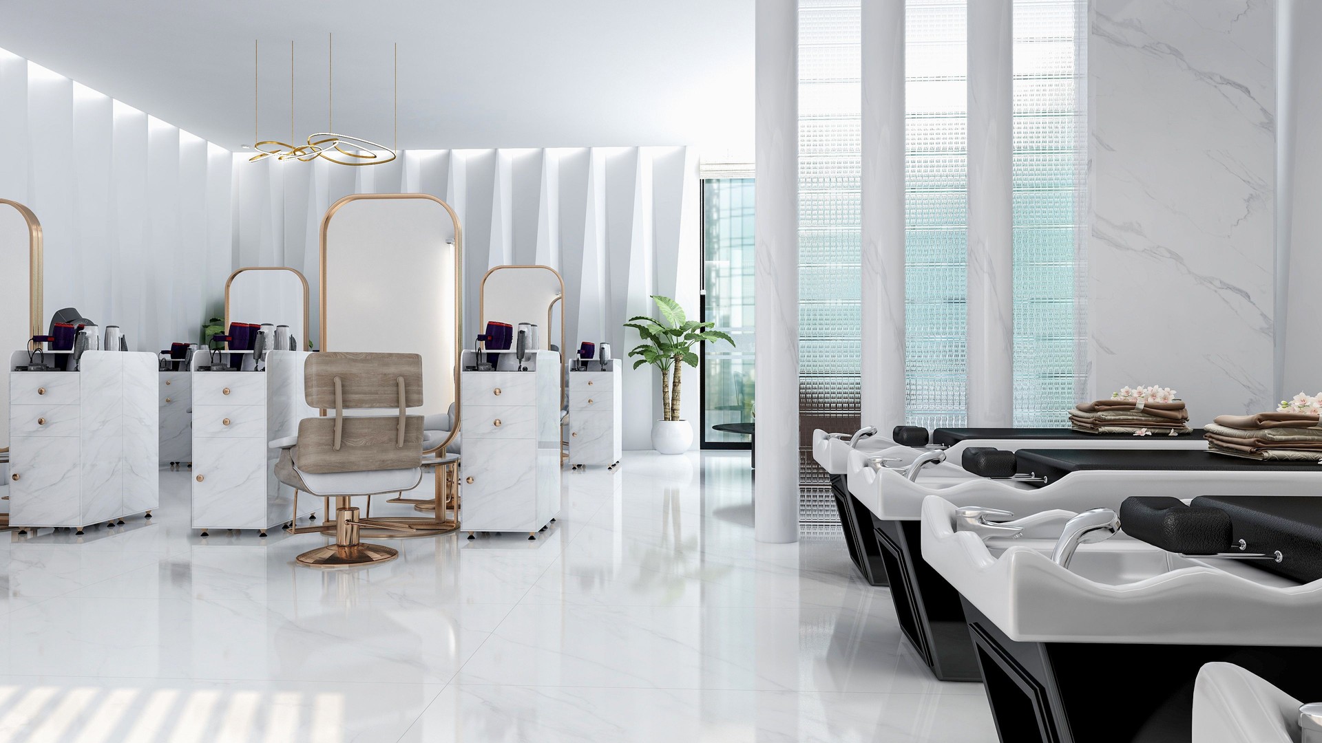 Modern Luxury Beauty Salon Interior with Marble and Gold Accents, 3D Rendering